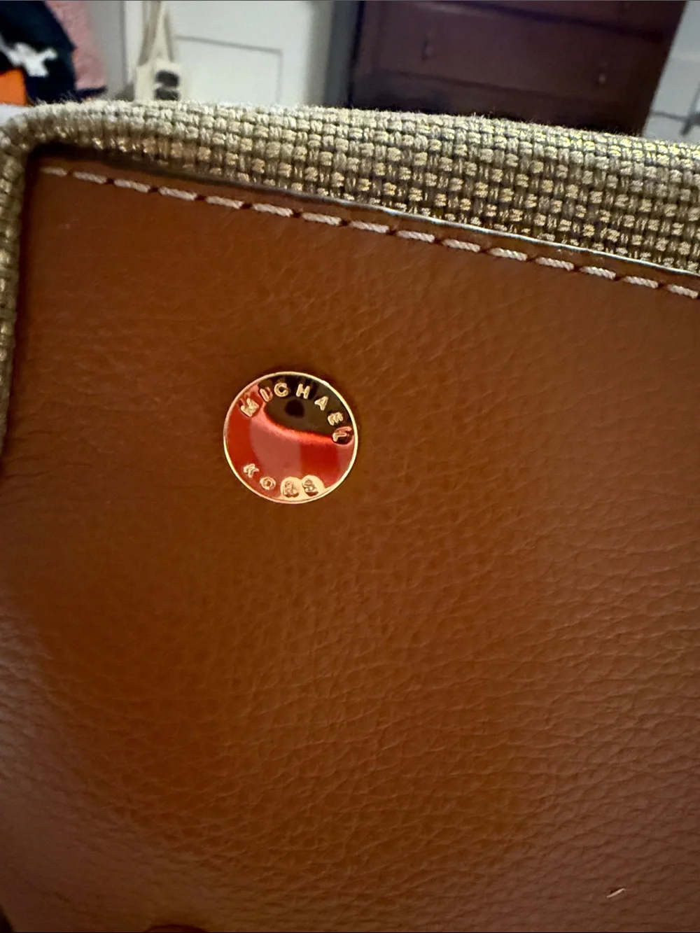 Michael Kors Brown & Natural Woven Tote with Gold MK Charm